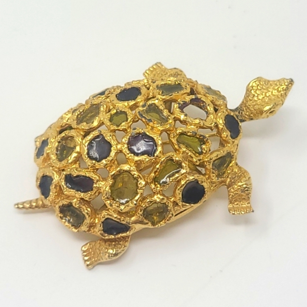 Vintage turtle brooch open glass work animal